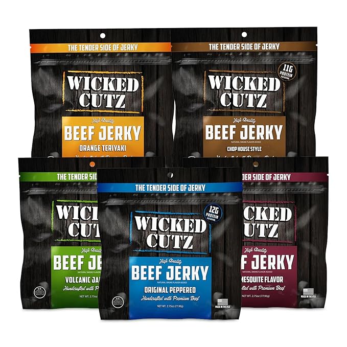 Wicked Cutz Beef Jerky Variety Pack | 5 Flavors Up to 36g Protein Per Bag | Tender Easy to Chew USA Made High Protein Carnivore Snacks | Unique Gifts for Men (5 Bags)