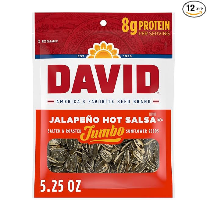 DAVID SEEDS Roasted and Salted Jalapeño Hot Salsa Jumbo Sunflower Seeds Keto Friendly 5.25 oz 12 Pack