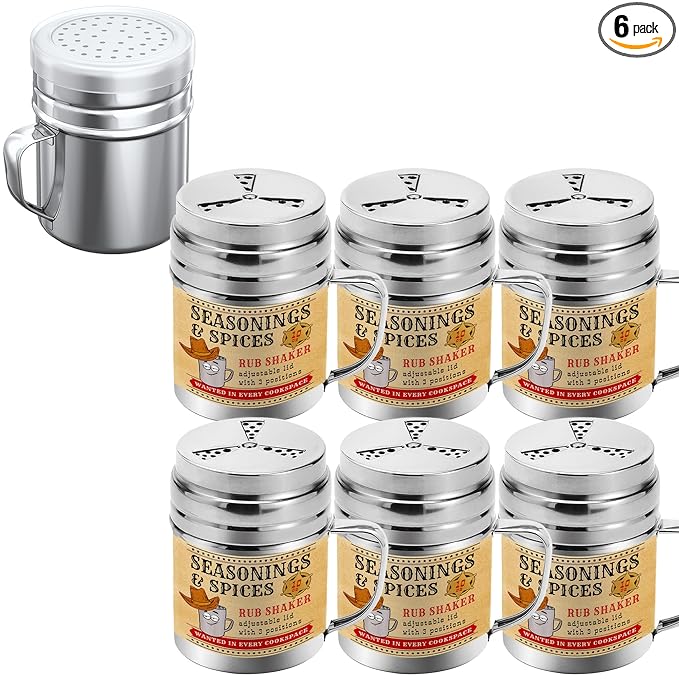 [6-pcs] 10 oz Seasonings Spice Shakers with Adjustable Fan-Style Lids and Handles + [1-pc] 10 oz Stainless Steel Salt Pepper Dredge Shaker with Plastic Cap and Handle Bundle