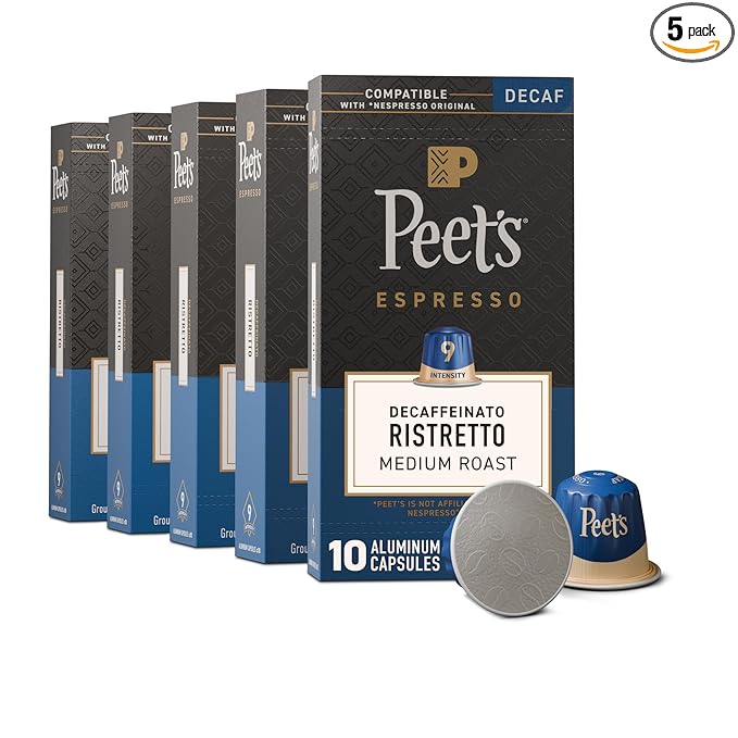 Peet's Coffee Medium Roast Decaf Espresso Capsules Compatible with Nespresso Original Machine Decaffeinated Arabica Coffee - Decaf Ristretto Intensity 10 50 CT (5 Boxes of 10 Espresso Capsules)