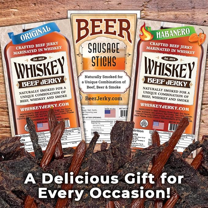 WhiskeyJerky.com Beef Jerky and Sausage Sticks Marinated in Whiskey Variety 3-Packs Jerky Gifts for men (Orig &amp Habanero Whiskey Jerky/Beer Sausage)
