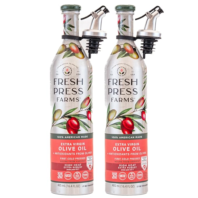 Fresh Press Farms Cold Pressed High Heat Extra Virgin Olive Oil for Pan Frying and Grilling 16.4 Fl Oz (Pack of 2) Georgia Grown 100% American Made Unrefined Certified Whole30 Non-GMO Keto Pal