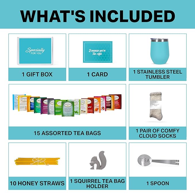 Tea Gifts for Women – Sampler Gift Basket with 15 Unique Blends Honey Sticks Stainless Tumbler Cozy Socks &amp Gift-Ready Box (Cozy Socks -Teal)