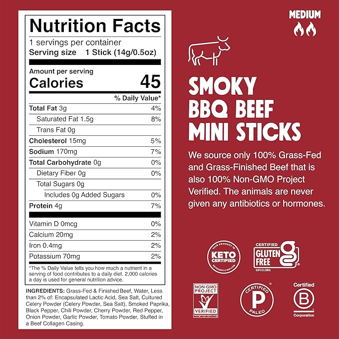Chomps Snack Size Grass-Fed and Finished Smoky BBQ Beef Jerky Snack Sticks 0.5oz 24-Pack - Keto Paleo Whole30 4g Lean Meat Protein Gluten-Free Zero Sugar Food Non-GMO Chomplings