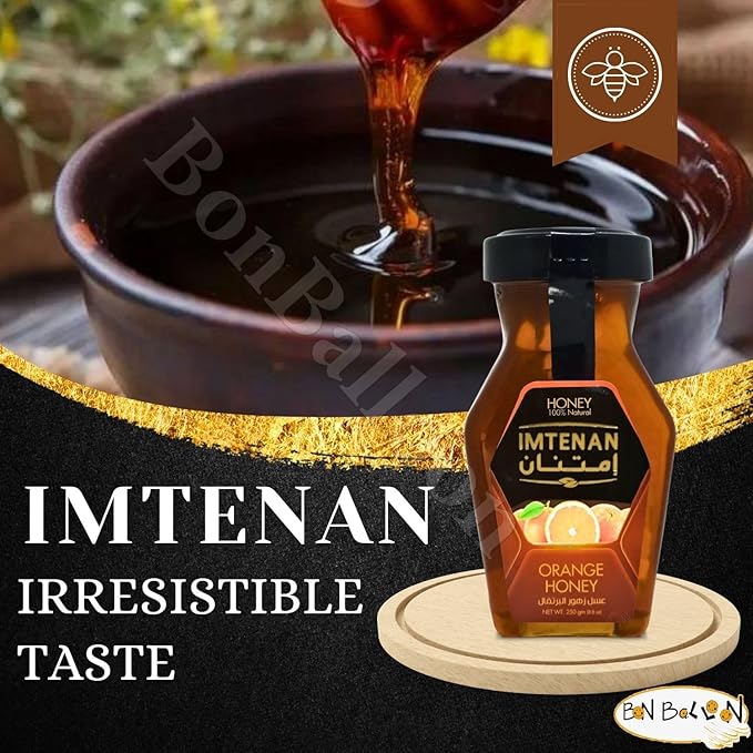 bonballoon Brilliant Imtenan Honey Orange Natural Bee Honey Egyptian Pure Fresh Syrup Premium Egypt Arab Kosher Halal (1 Pack = 8.82 oz / 250 gm) عسل امتنان البرتقال حلال