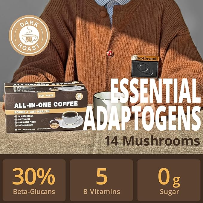 Mushroom Coffee K Cup – Focus &amp Gut-Health with 14-Mushrooms Vitamins L-Theanine and Alpha GPC Single Serve Pods - No Crash or Jitters 16 Count