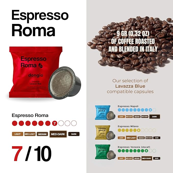 Dongiò Caffè Espresso Roma - 40 Capsules compatible with Lavazza Blue/Black systems Med-Dark Roast Coffee (Intensity 7/10) - Roasted and Blended in Italy