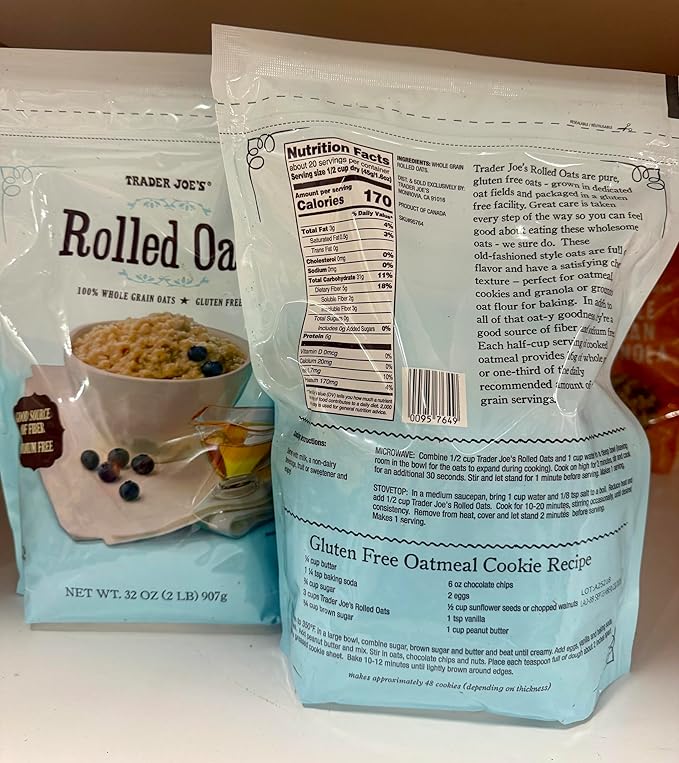 TRADER JOE'S Gluten Free Rolled Oats 100% Whole Grain 32 Oz Bags Good Source of Fiber Sodium Free 2 Pack