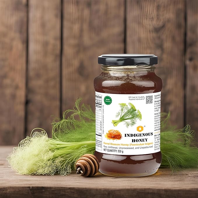 INDIGENOUS HONEY Fennel Saunf Honey Raw Organic Natural Pure Unprocessed NMR Tested Unpasteurized Unheated 530g Glass Jar Pack of 1