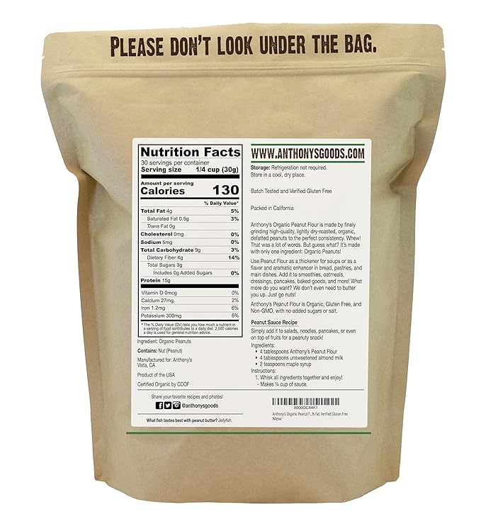 Anthony's Organic Peanut Flour Defatted 2 lb Light Roast 12% Fat Verified Gluten Free