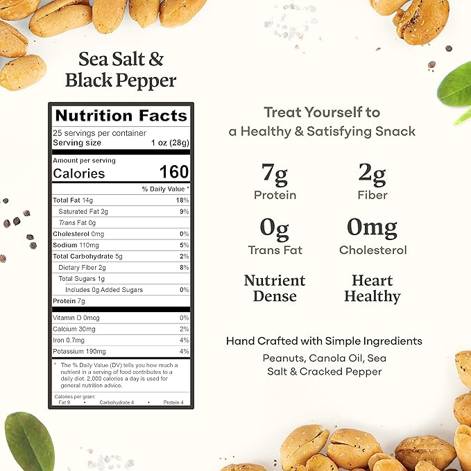 Belmont Peanuts Gourmet Sea Salt and Black Pepper Flavored Virginia Peanuts 25 oz (2 Pack) – Only 4 Simple Ingredients No Preservatives 7g Protein – Salty Peppery Crunchy Hand Seasoned Snack