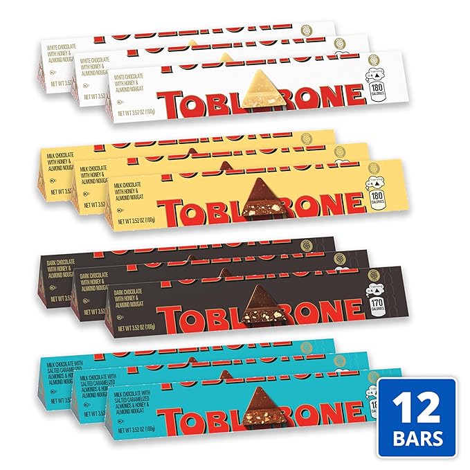 TOBLERONE Assorted Chocolate Bars Variety Pack (Milk Dark White &amp Salted Caramelized Almonds) Bulk Chocolate 12 - 3.52 oz Bars
