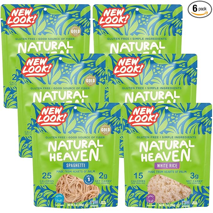 Natural Heaven Hearts of Palm Spaghetti 3-Pack + White Rice 3-Pack – Low-Calorie Keto &amp Gluten-Free Food Vegan 9 Oz Ea