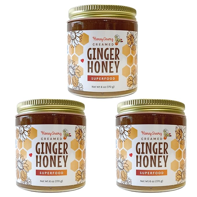 Organic Ginger Honey - Raw and Kosher Creamed Honey and Organic Ginger in a 3 Pack of 5.5 oz Jars Packed With Super Nutrition