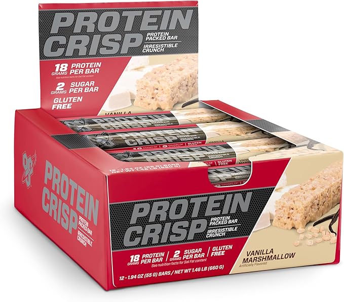 BSN Protein Crisp Bar Vanilla Marshmallow 18 Gram Protein Snack Bars with Whey and Fiber Gluten-Free Crunchy Energy Bars for Workout Fitness On-the-Go 12 Count
