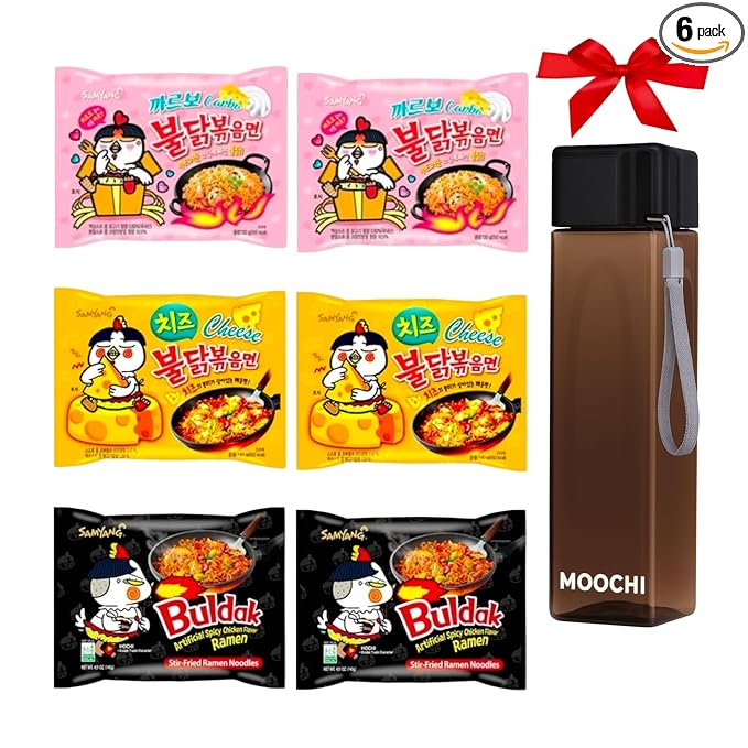Korean Spicy Ramen Samyang Variety Pack (6 Pack) – Hot Chicken Cheese and Carbonara Flavors with FREE MOOCHI Reusable Water Bottle — Custom bundled by MOOCHI