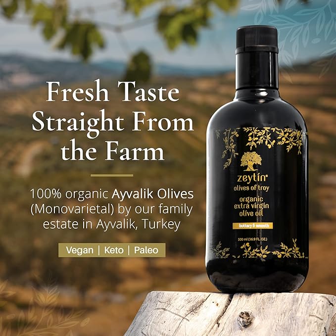 Zeytin Organic Olive Oil Extra Virgin - GOLD MEDAL &amp Early Harvest - Fresh 2024 Harvest Bottled in Jan 2025 - New Luxury Packaging - Keto &amp Cold Pressed - Buttery &amp Smooth (16.9fl oz - 1