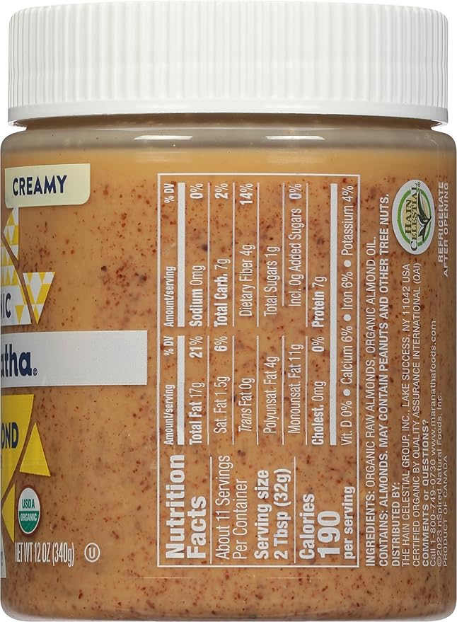 MaraNatha Organic Creamy Raw Almond Butter 12 Ounce Jar