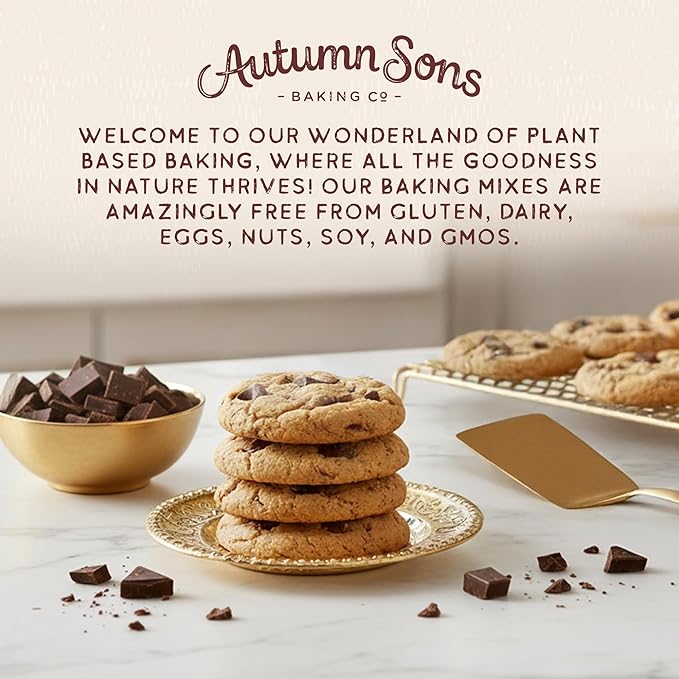 Autumn Sons Baking Co. Gluten Free Pumpkin Chocolate Chunk Cookie Mix. Limited Edition Pumpkin Spice Cookie Mix. Vegan Plant Based. No Dairy Soy &amp Nuts. Top 9 Allergen Free. 8.9 oz (Pack of 3)