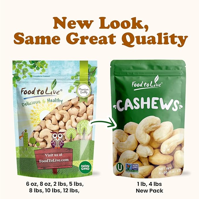 Food to Live - Raw Cashews 10 Pounds Non-GMO Verified Deluxe Whole Nuts Unsalted Unroasted Fancy Snack Size W-320 Kosher Vegan Bulk A good source of Magnesium Phosphorus.