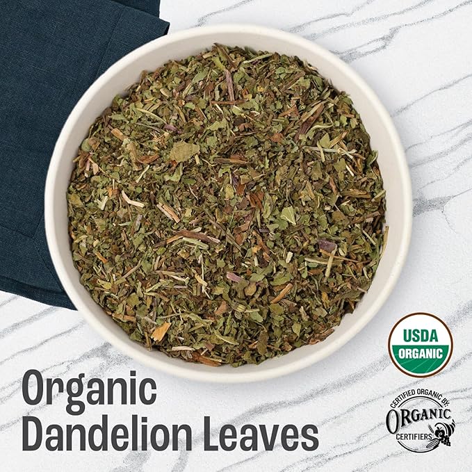 J Mac Botanicals Organic Dandelion Leaves (16 oz bag) USDA Certified Organic Dandelion leaf tea te diente de leon organico Packaged in the USA Cut and Sifted No Caffeine Fresh dried dandelion