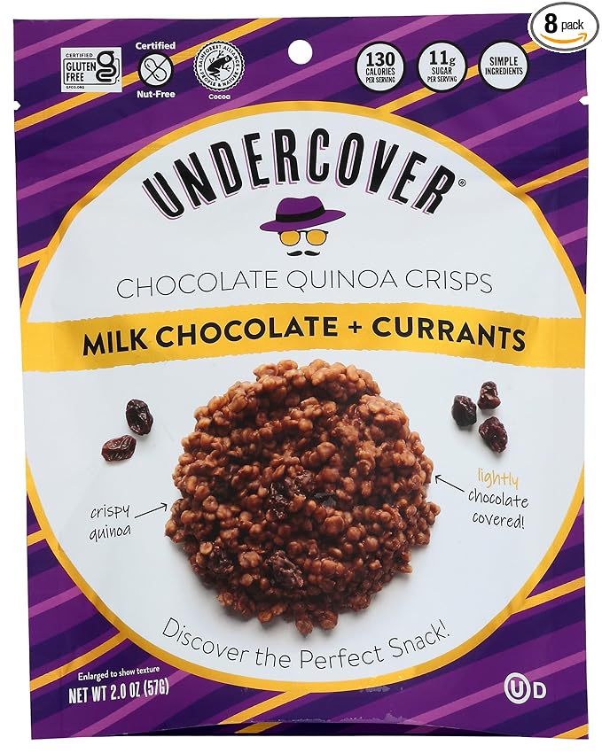 Undercover Chocolate Quinoa Crisps - Milk Chocolate + Currants Quinoa Crisps | 8-Pack 2oz Bags | Gluten Free Nut-Free Allergen Friendly Kosher