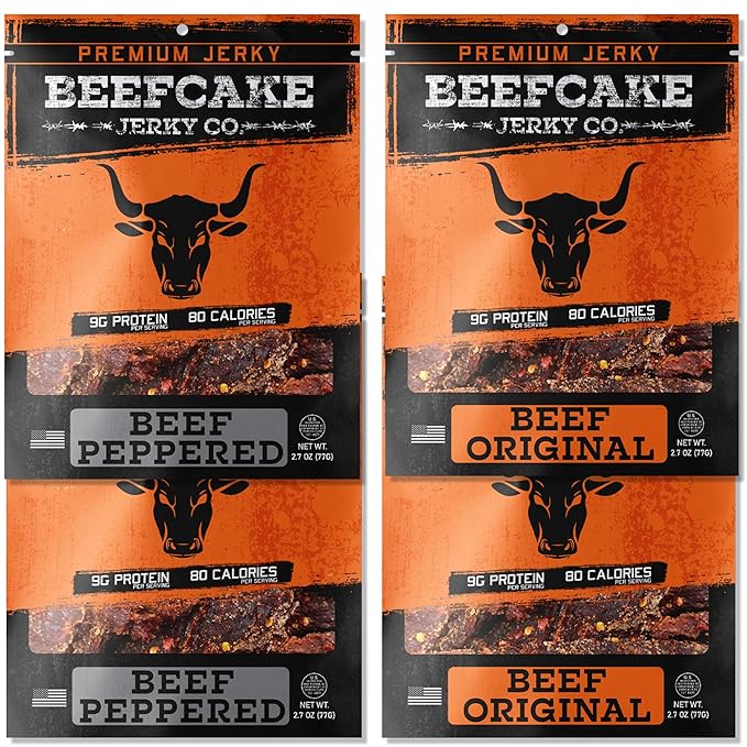 BEEFCAKE Jerky Classic Beef Bundle Includes Beef Jerky Traditional Peppered &amp Original Flavor 9 Gram of Protein &amp 100 Calories 2.7 Oz | Pack of 4