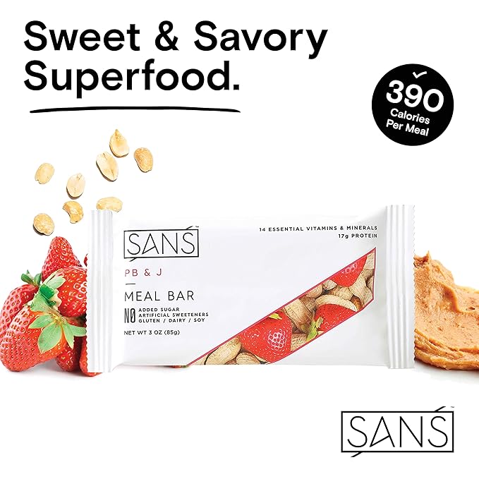 SANS PB and J Meal Replacement Protein Bar | All-Natural Nutrition Bar With No Added Sugar | Dairy-Free Soy-Free and Gluten-Free | 14 Essential Vitamins and Minerals | (12 Pack)