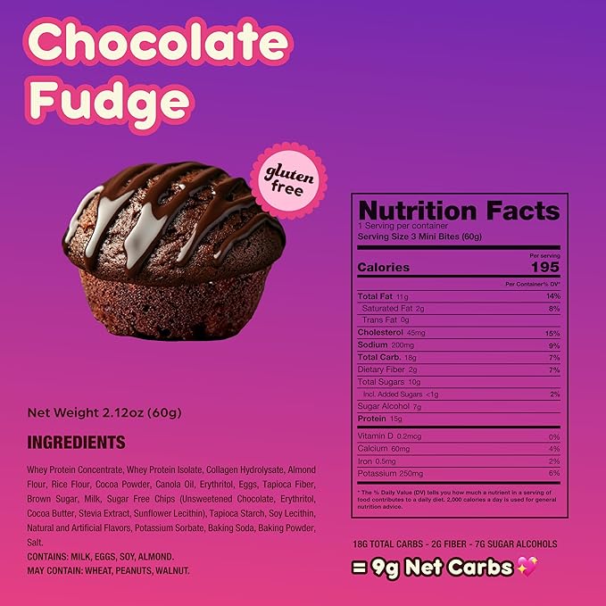 Prime Bites Minis - High Protein Muffin (12 Per Box Chocolate Fudge) - 15g of Protein 5g of Collagen Gluten Free Low Sugar Treat Delicious Protein Snack