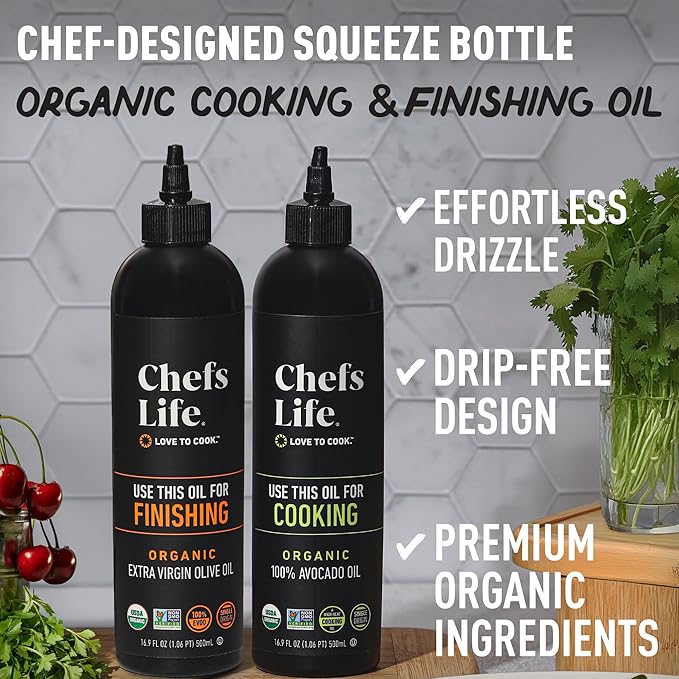 Chefs Life Organic Cooking Oil &amp Finishing Oil 2 Pack - Extra Virgin Olive and Avocado Oil EVOO Gift Set for Dipping Dressing Cooking Single Origin Non GMO - 16.9 Fl Oz (2 Bottle Gift Set)