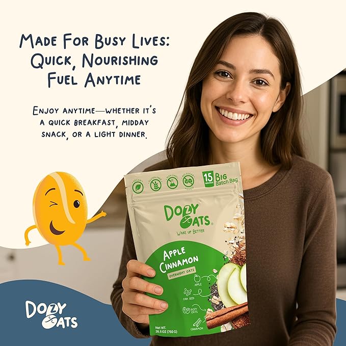 Dozy Oats Overnight Oatmeal 15-Serving Big Batch Bag. Gluten-Free Natural Source of Protein and Fiber Apple Cinnamon 750g