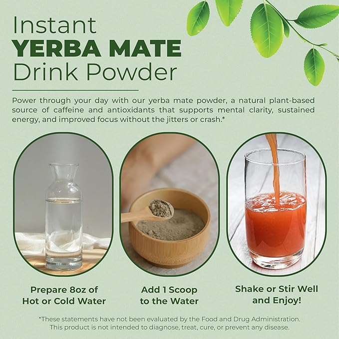Yerba Mate Instant Tea Powder - 3-In-1 Super Drink - Clean Energy - Formulated With Nootropics To Boost Focus &amp Clarity - With Prebiotics &amp Probiotics To Boost Gut Health | Peach Pomelo - 30 S