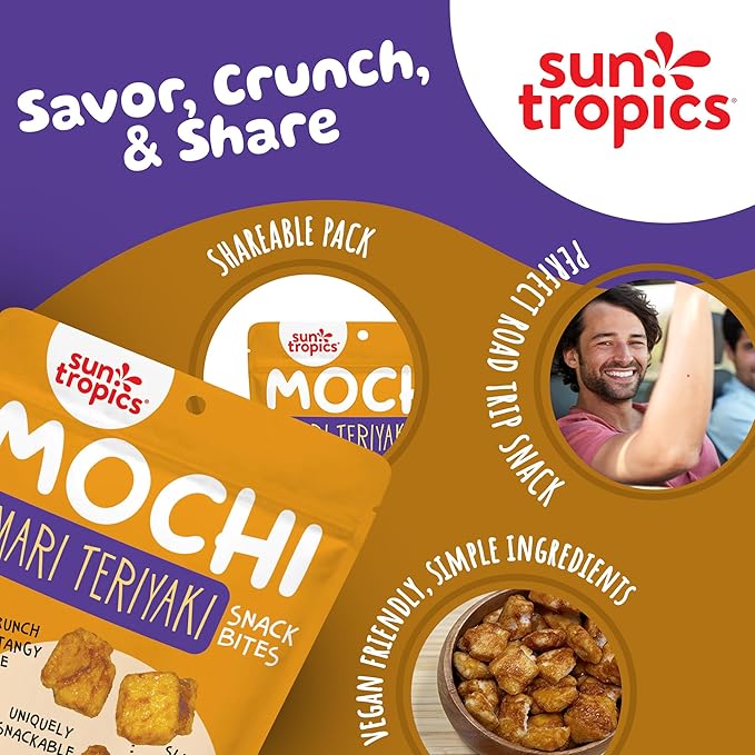 Sun Tropics Mochi Snack Bites Tamari Teriyaki Flavor 3.5 oz (Pack of 6) | Crispy Crunchy Mochi Rice Bites | Gluten Free Dairy Free No MSG Added Asian Rice Snacks