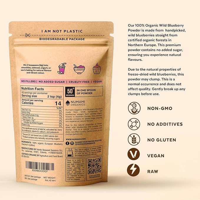 Wild Blueberry Powder Organic USDA Certified for Smoothies Baking and Flavoring Rich in Antioxidants and Vitamin C Organic Blueberries are Handpicked from Nordic Forests and Freeze Dried 6oz