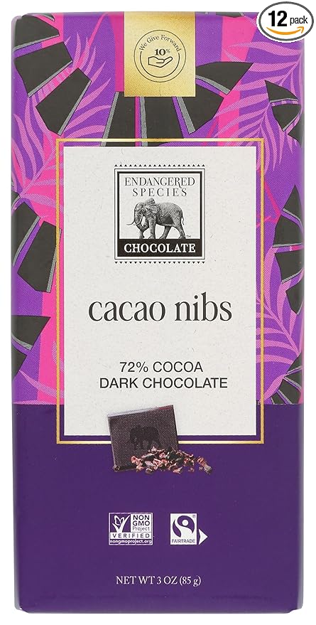 Endangered Species Cacao Nibs 72% Cocoa Dark Chocolate Bar Fair Trade Vegan Friendly Kosher Gluten Free &amp Non-GMO 3 Ounce (Pack of 12)