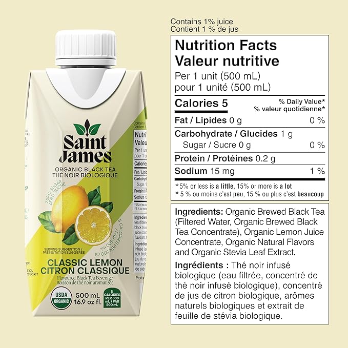 Saint James Organic Black Tea Classic Lemon Zero Sugar Kosher USDA Certified Organic 16.9 Fluid Ounce (Pack of 12)