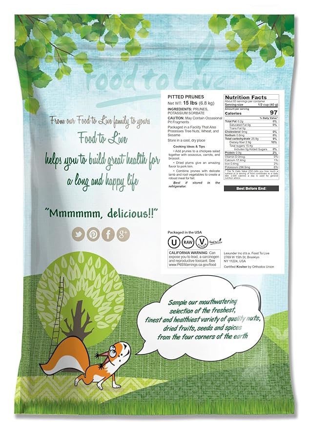 Food to Live Pitted Prunes 15 Pounds – Whole Dried Plums Unsulfured Unsweetened Non-Infused Non-Irradiated Kosher Vegan Raw Bulk