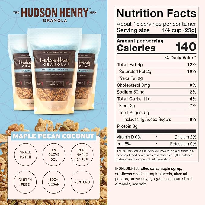 Hudson Henry Maple Pecan Coconut Granola for Yogurt Snacking &amp Cereal | Gluten Free with Nuts and Seeds | Cashew Granola Non-GMO Small Batch Baked | 3 x 12 oz Bags