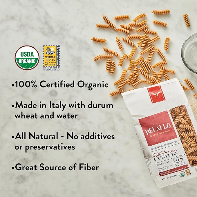DeLallo Whole Wheat Fusilli Pasta 1 Pound Bag 4 Pack 100% Organic Whole Grain Spiral Noodles Imported from Italy Made with Durum Wheat