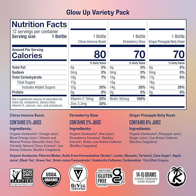 Health-Ade Kombucha Tea Organic Drink Fermented Tea with Living Probiotics Detoxifying Acids Supports Gut Health Non-GMO Vegan Gluten Free 12 Pack (16 Fl Oz Bottles) Glow Up Variety Pack