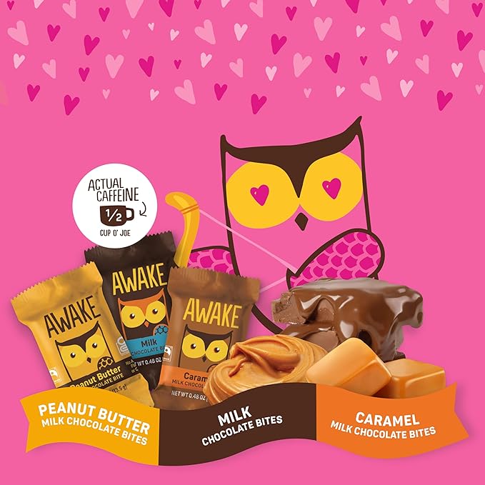 AWAKE - Caffeinated Chocolate Bites - 50mg Caffeine per bite - Bite Me Baby! Variety Pack (3 Flavors) 50 Count 0.48oz each - Peanut Butter Milk &amp Caramel - Coffee Alternative
