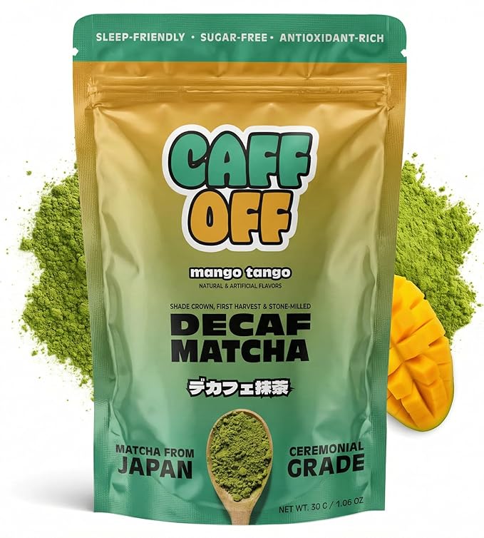 Caff Off Decaf Mango Matcha Green Tea Powder From Japan – 1.06 oz / 30 g – Ceremonial Grade &amp Sugar-Free - No Fillers or Milk Powders – Naturally Decaffeinated Without Chemicals – Tested for Heavy