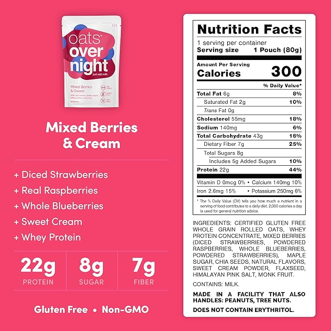 Oats Overnight Mixed Berries &amp Cream 8 Pack &amp Green Apple Cinnamon 8 Pack - 20g Protein High Fiber Breakfast Shake - Gluten Free Non GMO Oatmeal