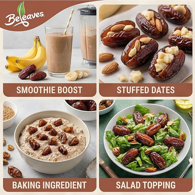 Beleaves Premium Medjool Dates 8 oz (4 Pack) | Vegan Gluten Free Kosher Nothing Artificial | Healthy Snack Baking &amp Salad Ingredient | Naturally Sweet Caramel-Like Flavor