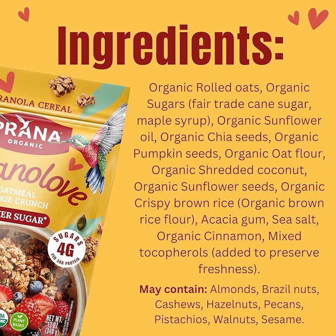 Prana Granolove - Oatmeal Cookie Crunch Organic Granola Cereal | Rich in Fiber &amp Protein Vegan Non-GMO Kosher and Low-Sugar - 12 oz Bags - 4 Pack