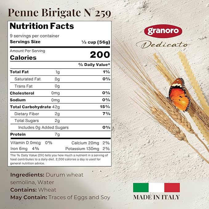 Granoro Dedicato Penne BIrigate (Double Ridged) #259 - Authentic Italian Pasta Made from 100% Puglia Durum Wheat Semolina Bronze Die Non-GMO Vegan 1 lb Bags (Pack of 3)