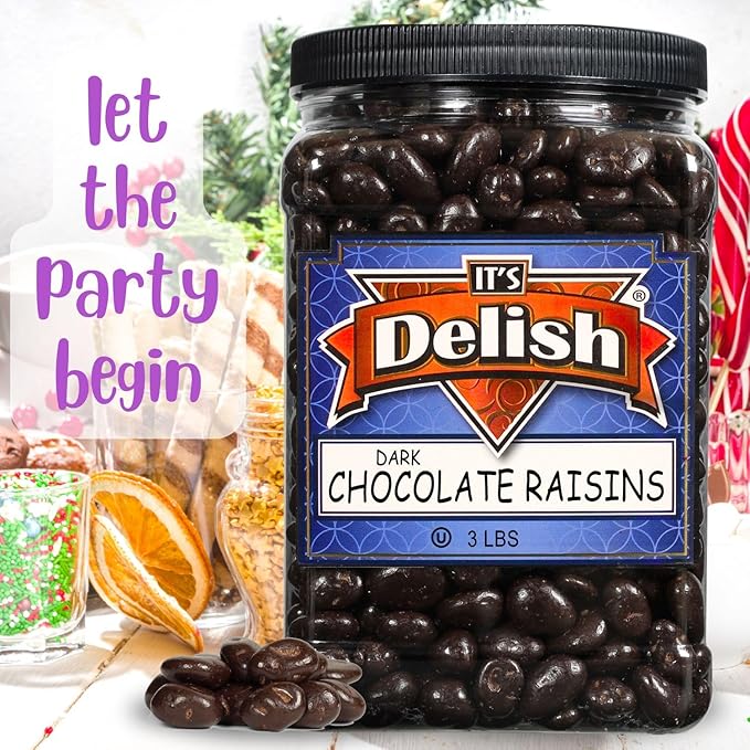 Gourmet Dark Chocolate Covered Raisins by It's Delish 3 LBS Jumbo Container | Dark Chocolate Raisins Candy Snack for Parties or Holiday Events and Healthy Snacking | USA Made Vegan Kosher