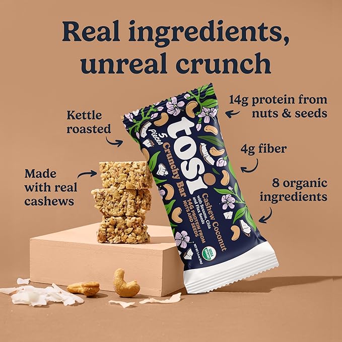 Tosi Meal Nut Bars Cashew Coconut Healthy Snacks for Adults &amp Kids Crunchy Plant Based Protein Bar (14G) Keto Snacks Vegan Gluten &amp Soy Free Low Sugar Omega 3s 2.4oz 12-Pack