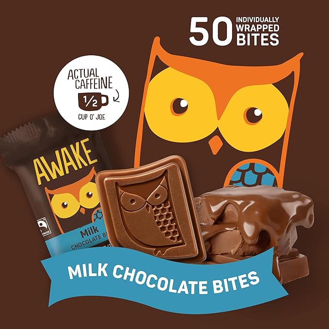 AWAKE - Caffeinated Chocolate Bites - Milk Chocolate 50 Bites - 50mg Caffeine - Individually Wrapped Energy Bites - Coffee Alternative - Fairtrade Gluten Free Non GMO - 0.48oz