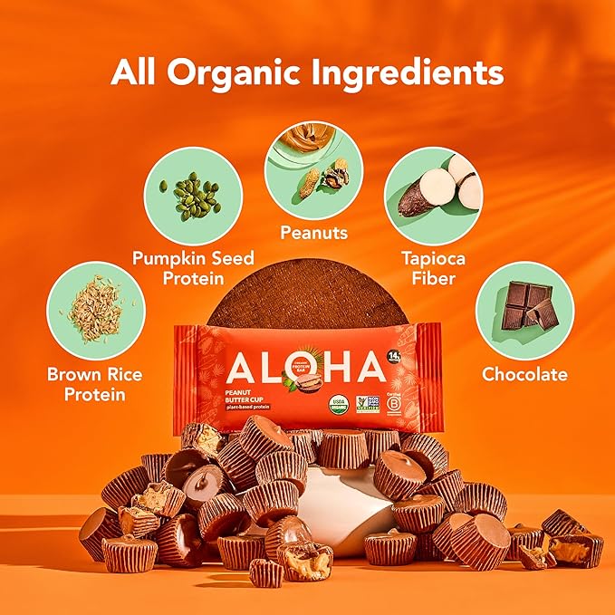 ALOHA Organic Plant Based Protein Bars - Peanut Butter Cup Bar - 12 Bars Vegan Low Sugar Gluten-Free Low Carb Non-GMO No Stevia No Erythritol